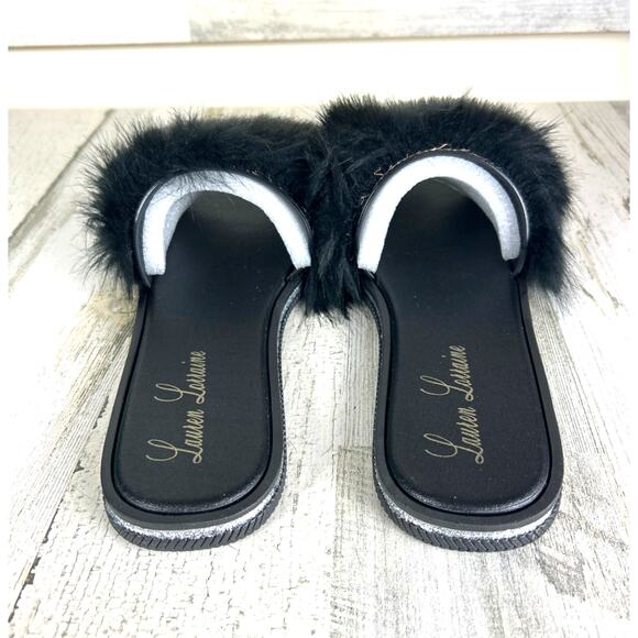 Lauren Lorraine Womens 10/11 Black Faux Fur Slip-On Slipper Slides Sadndal NEW - Picture 4 of 8